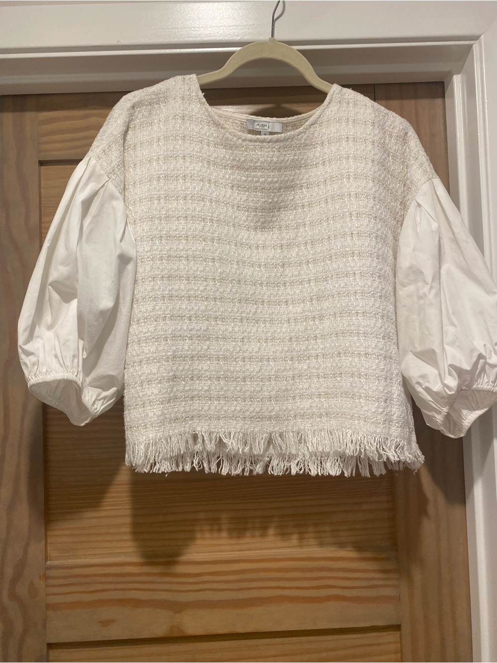Anthropologie Ivory Tweed Fringe Top with Puff Sleeves